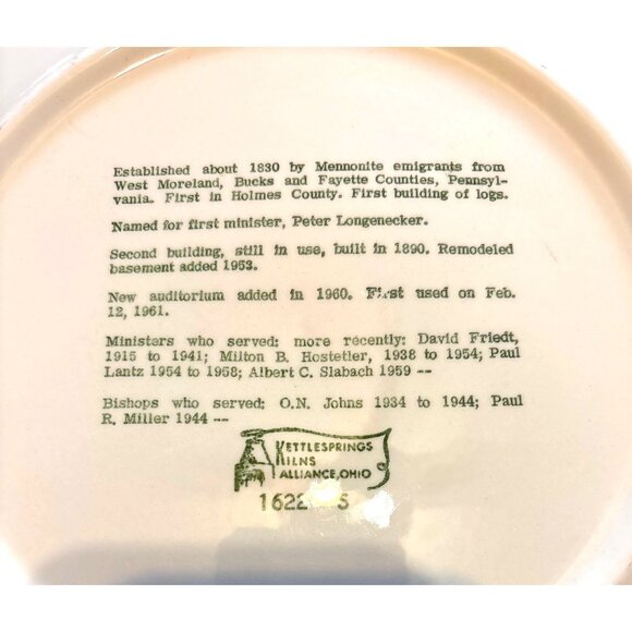 Longenecker Mennonite Church Commemorative Plate Kettlesprings Kilns 1622-S vtg - Picture 3 of 6